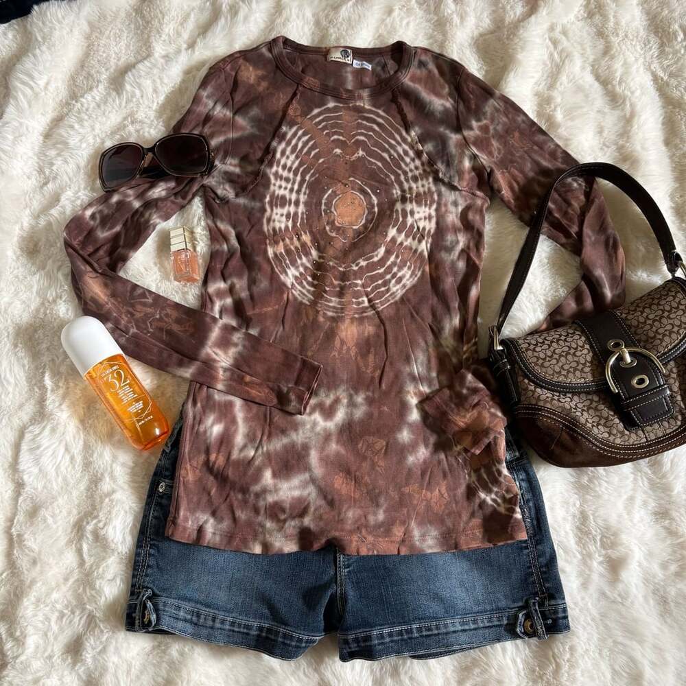 One World Long Sleeve Tie Dye Rhinestone Top Size M Brown